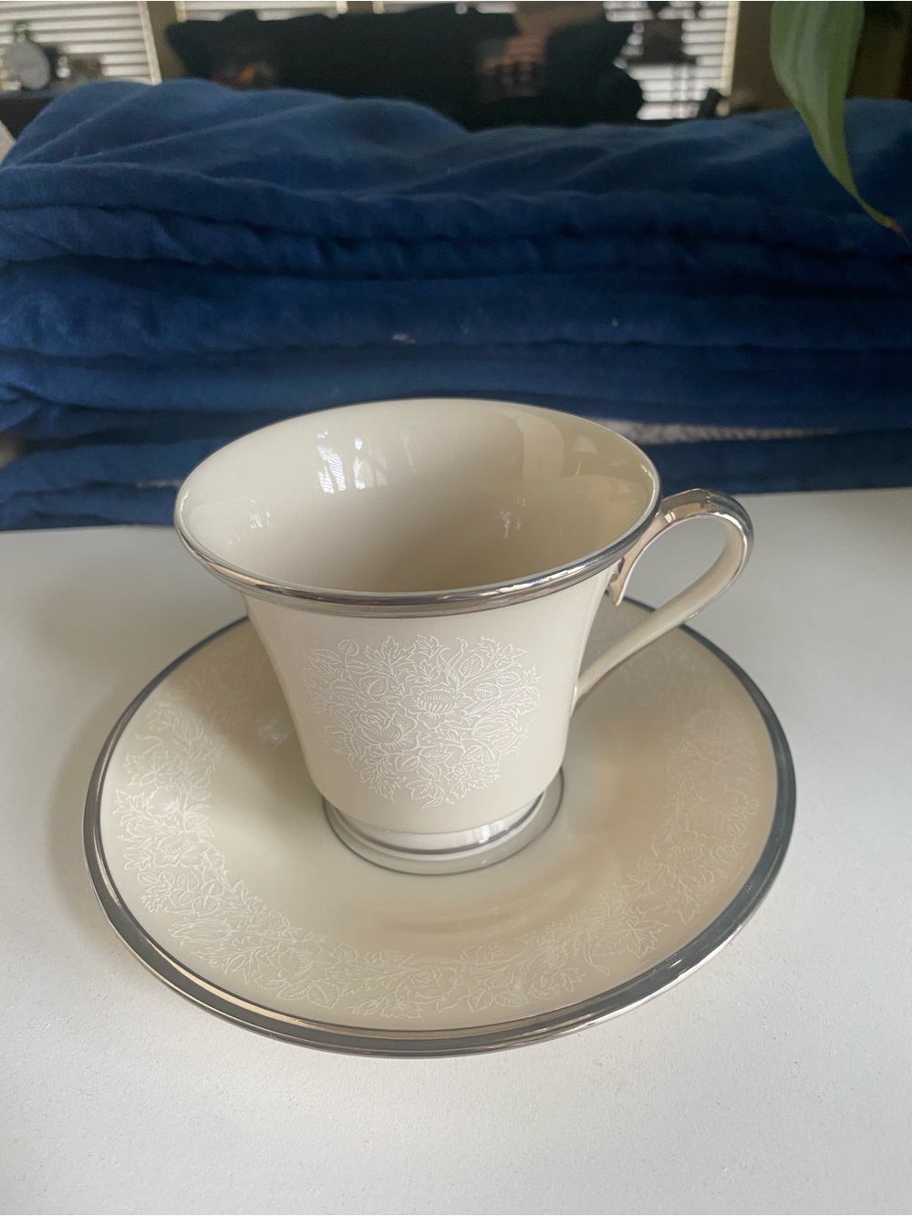 Lenox Cream and Silver Trim Teacup and Saucer